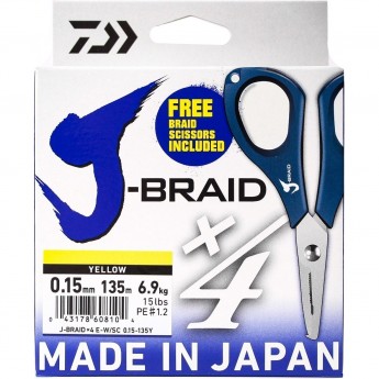 Шнур DAIWA J-Braid X4E-W/SC 0,15мм 135м желтый + ножницы Шнур DAIWA J-Braid X4E-W/SC 0,15мм 135м желтый + ножницы